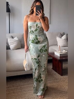 Reformation Frankie Silk Maxi Dress NWT Green Tea Garden Size 10